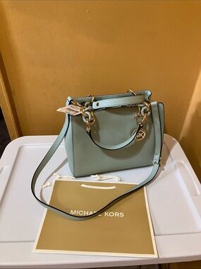 Michael Kors  Cynthia CeladonMint Green Leather Shoulder Bag with Gold Hardware